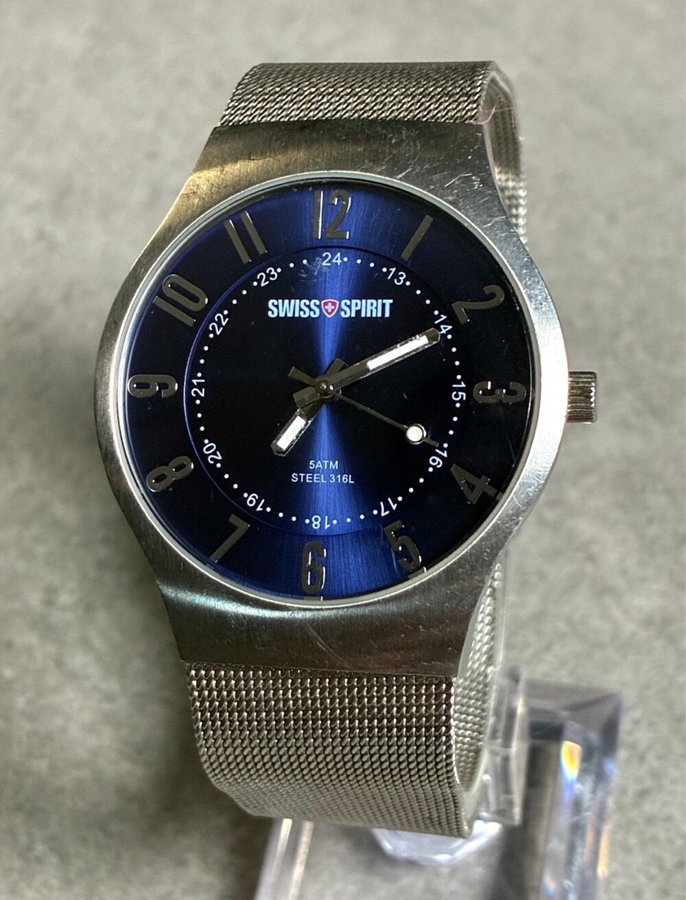 Swiss Spirit Mens Blue Sunburst Dial Watch 38mm SS Milanese Mesh Band 5ATM Works